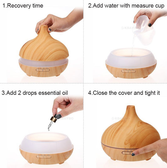 Difusor ultrasónico de aromaterapia LuxuryGlow con diseño de madera y control remoto – Humidificador de 550 ml