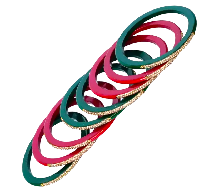 LuxuryGlow Lac Bangles Exquisite Set of 8 Red & Green Enamel Lac Bangles – Handcrafted Indian Jewelry
