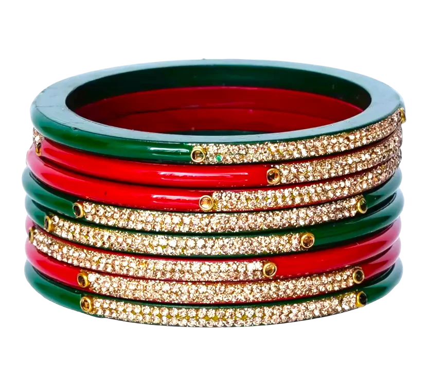 LuxuryGlow Lac Bangles Exquisite Set of 8 Red & Green Enamel Lac Bangles – Handcrafted Indian Jewelry