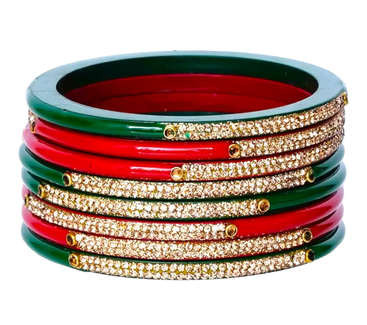 LuxuryGlow Lac Bangles Exquisite Set of 8 Red & Green Enamel Lac Bangles – Handcrafted Indian Jewelry
