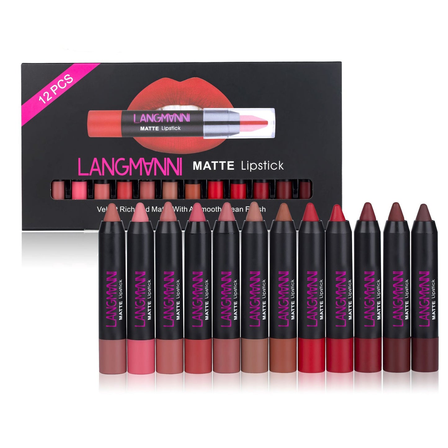 Set de 12 labiales LANGMANNI: duraderos, hidratantes y con tonos intensos