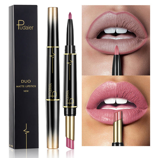 Lápiz labial y delineador de labios de doble punta Pudaier: mate, antiadherente y diseño giratorio