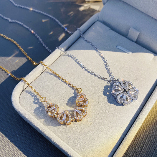 Retro Magnetic Folding Heart Shaped Four Leaf Clover Pendant Necklace Women Love Clavicle Chain Gifts Openable Choker Jewelry - LUXURY GLOW