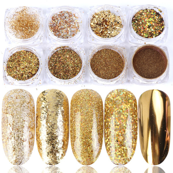 Set de 8 cajas de purpurina holográfica para uñas LuxuryGlow: copos de polvo iridiscentes