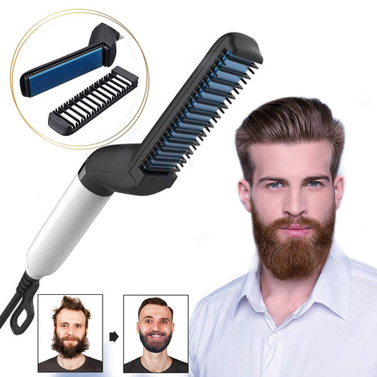 Plancha eléctrica para cabello y barba LuxuryGlow para hombre: cepillo peine de peinado rápido 
