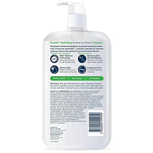 CeraVe Hydrating Cream-to-Foam Cleanser – 16 oz Refill, Makeup Remover & Face Wash for Dry Skin