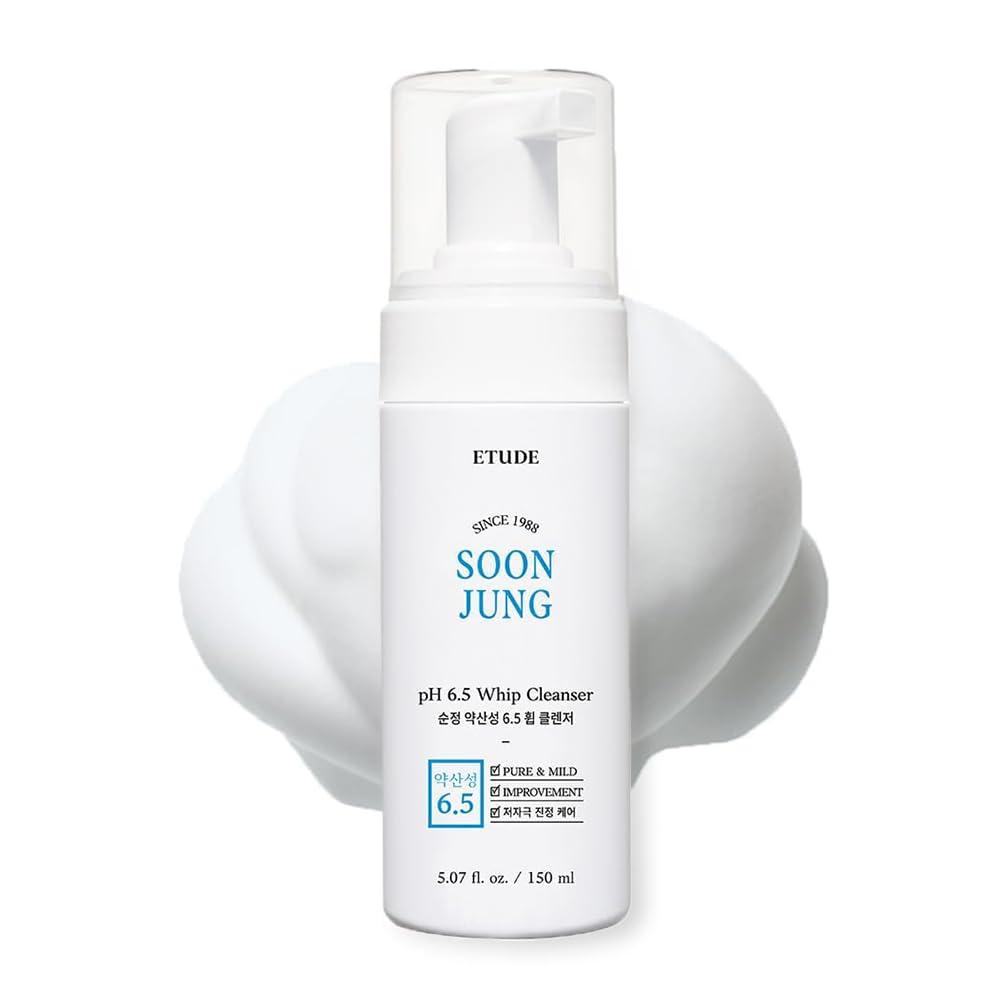 ETUDE Soonjung pH 6.5 Whip Cleanser – Gentle Low pH Face Wash for Sensitive Skin with Panthenol & Madecassoside, 5.07 fl oz