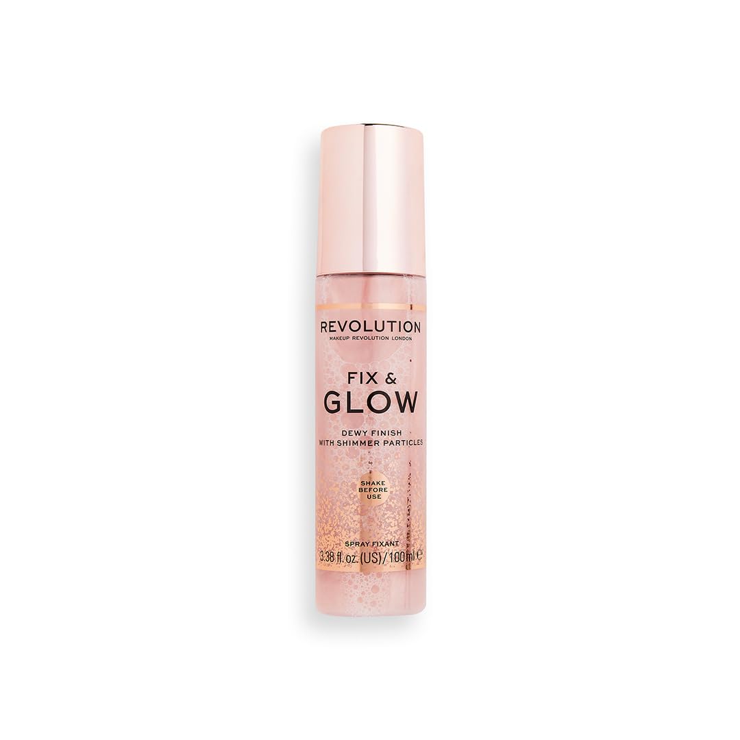 Makeup Revolution Fix & Glow Fixing Spray – Hydrating & Illuminating Face Mist with Shimmer, Vegan & Cruelty-Free, 3.38 fl oz