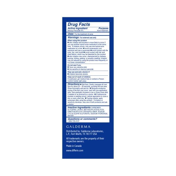 Differin Acne Face Wash with 5% Benzoyl Peroxide – Daily Deep Cleanser for Sensitive, Acne-Prone Skin, 4oz