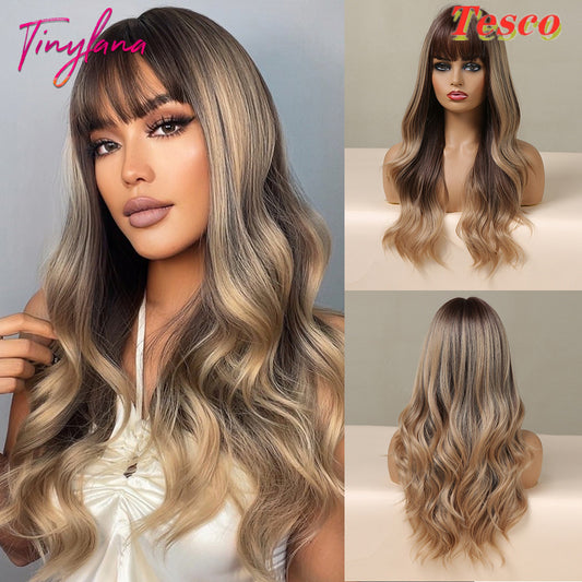 باروكة شعر مستعار طويل مموج من LuxuryGlow للنساء - شعر صناعي مقاوم للحرارة مع غرة جانبية