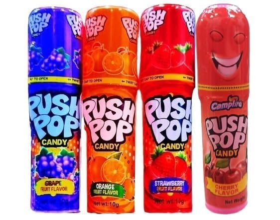 Push Pops Candy Fruit Flavours Assorted (Pack of 4) – Grape, Orange, Strawberry & Blueberry | Imported Vegetarian Lollipops | Fun Push-Up Candy for Kids