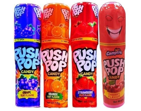 Push Pops Candy Fruit Flavours Assorted (Pack of 4) – Grape, Orange, Strawberry & Blueberry | Imported Vegetarian Lollipops | Fun Push-Up Candy for Kids