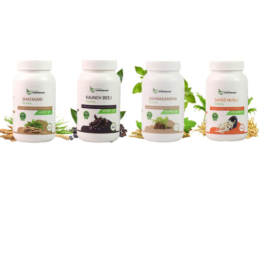 Dawaibazar Ayurvedic Churna Set – Shatavari, Kaunch Beej, Ashwagandha & Safed Musli (4 Bottles x 100g)