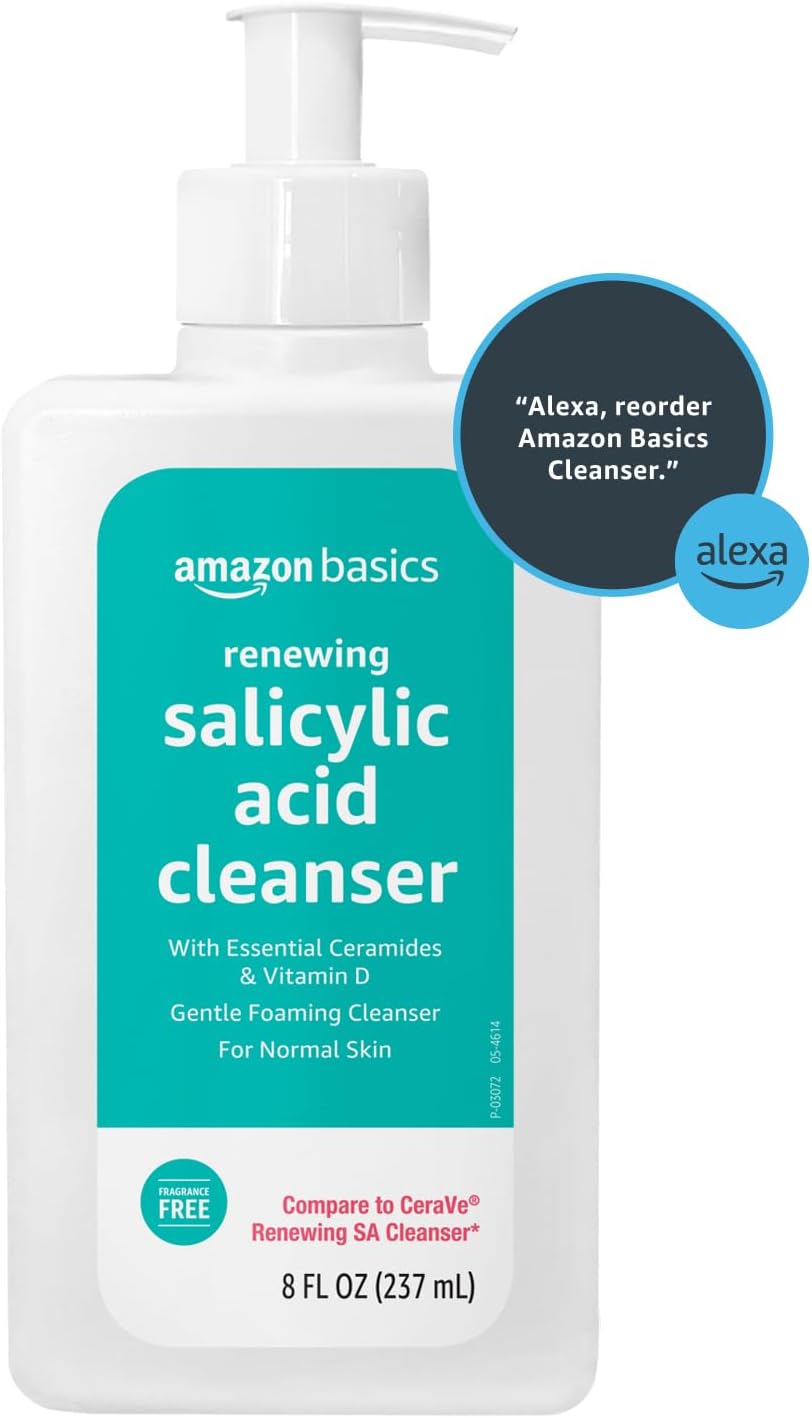 Amazon Basics Salicylic Acid Face Wash – Renewing Cleanser with Ceramides & Vitamin D | Gentle Exfoliating Daily Face Wash for Normal Skin, Unscented (8oz)