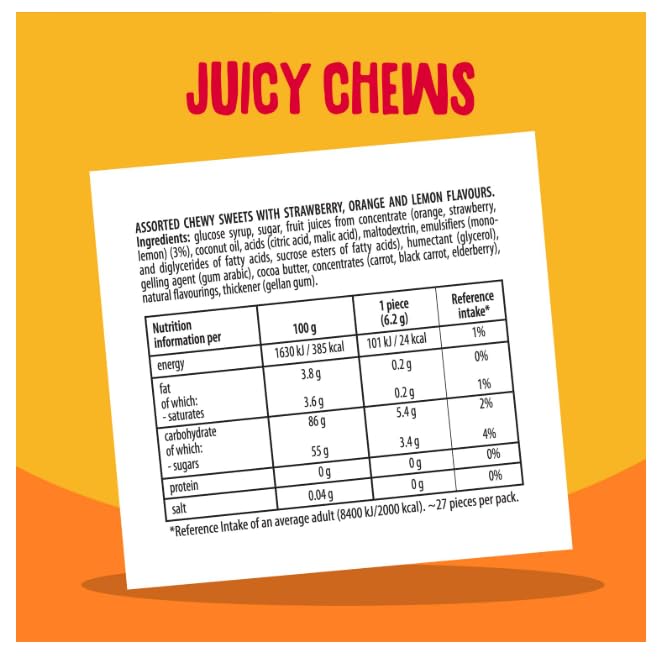 Fruittella Juicy Chews – Assorted Chewy Candy with Real Fruit Juice 135g (Pack of 2, UK Imported)