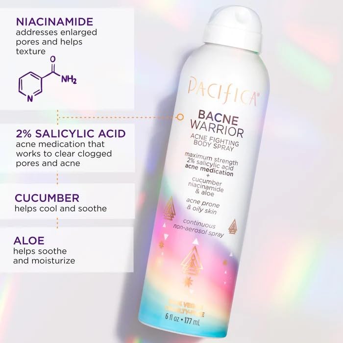 Pacifica Bacne Acne Cleanser Spray – 2% Salicylic Acid Body Mist for Back, Chest & Body Acne | Niacinamide & Aloe | Vegan & Dermatologist Tested – 6oz