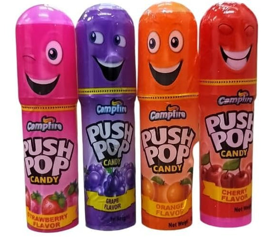 Campfire Push Pop Candy – Assorted Fruit Flavours (Cherry, Grape, Strawberry, Orange), Pack of 4 Imported