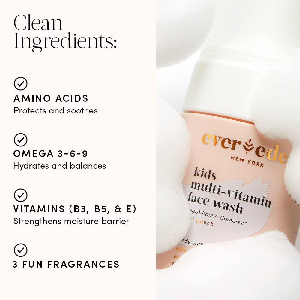 Evereden Kids Face Wash – Gentle Multi-Vitamin Cleanser with Cool Peach Scent, Non-Toxic & Hypoallergenic Skin Care for Kids 3+, 3.4 fl oz