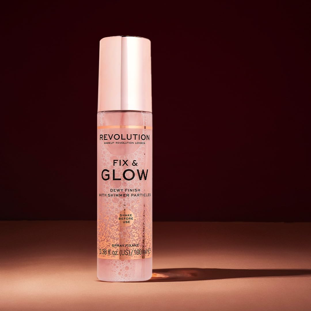 Makeup Revolution Fix & Glow Fixing Spray – Hydrating & Illuminating Face Mist with Shimmer, Vegan & Cruelty-Free, 3.38 fl oz