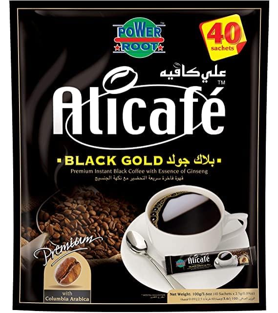Alicafe Black Gold Sugar-Free Instant Coffee with Ginseng | Premium Colombian Arabica Blend | 40 Sachets (Imported, Vegetarian)