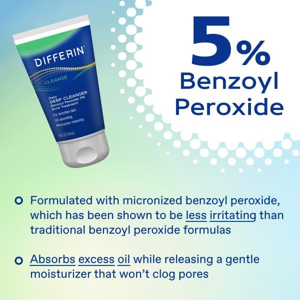 Differin Acne Face Wash with 5% Benzoyl Peroxide – Daily Deep Cleanser for Sensitive, Acne-Prone Skin, 4oz