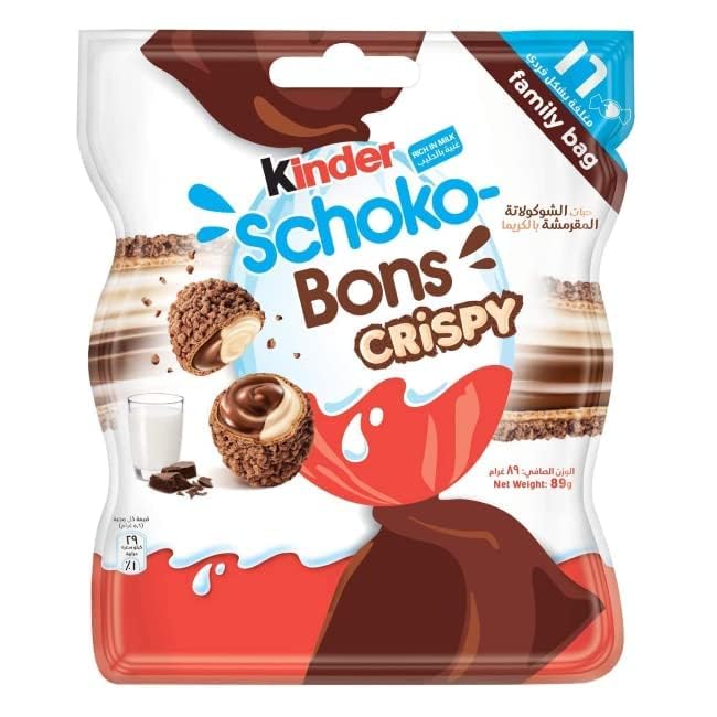 Kinder Schoko-Bons Crispy | Bite-Sized Milk Chocolate with Creamy Filling & Crispy Wafer | 89g Family Pack (Imported, Vegetarian)
