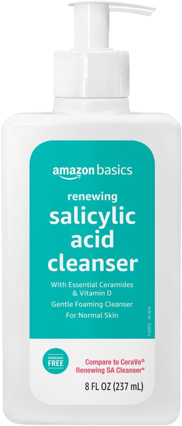 Amazon Basics Salicylic Acid Face Wash – Renewing Cleanser with Ceramides & Vitamin D | Gentle Exfoliating Daily Face Wash for Normal Skin, Unscented (8oz)