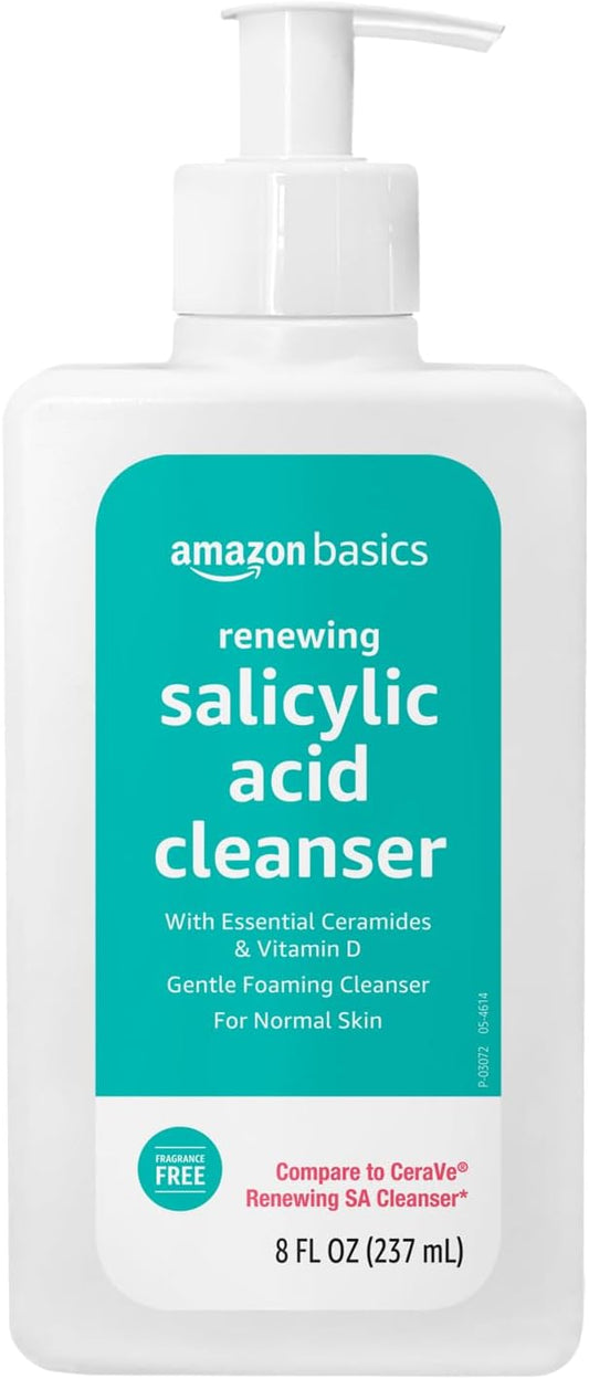 Amazon Basics Salicylic Acid Face Wash – Renewing Cleanser with Ceramides & Vitamin D | Gentle Exfoliating Daily Face Wash for Normal Skin, Unscented (8oz)