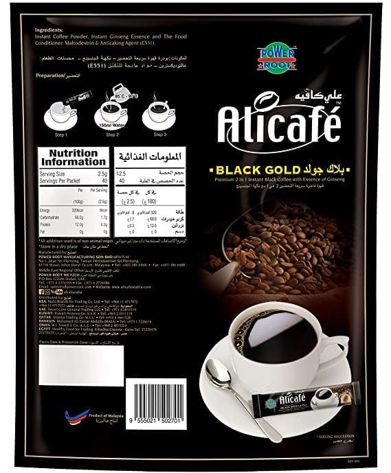 Alicafe Black Gold Sugar-Free Instant Coffee with Ginseng | Premium Colombian Arabica Blend | 40 Sachets (Imported, Vegetarian)