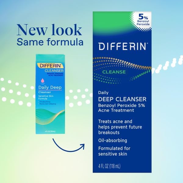 Differin Acne Face Wash with 5% Benzoyl Peroxide – Daily Deep Cleanser for Sensitive, Acne-Prone Skin, 4oz