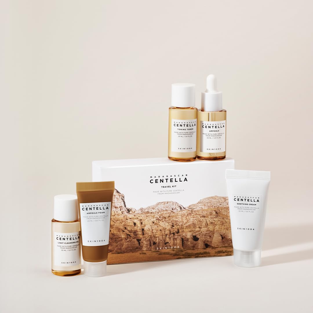 SKIN1004 Madagascar Centella Travel Kit – 5-Piece Mini Skincare Set with Toner, Ampoule, Soothing Cream, Cleansing Oil & Foam – Compact Trial Gift Box