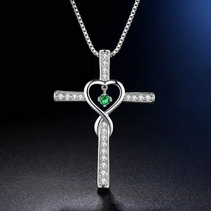 Collar LuxuryGlow "Amor infinito, Dios confiamos" - Colgante de cristal con cruz cristiana y piedra natal para mujer