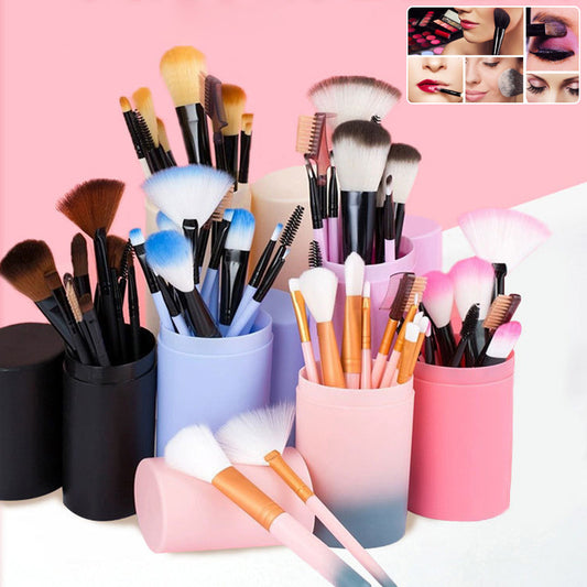 LuxuryGlow 12-Piece Premium Makeup Brush Set with Storage Barrel – Blush, Eyeshadow, Highlighter & More