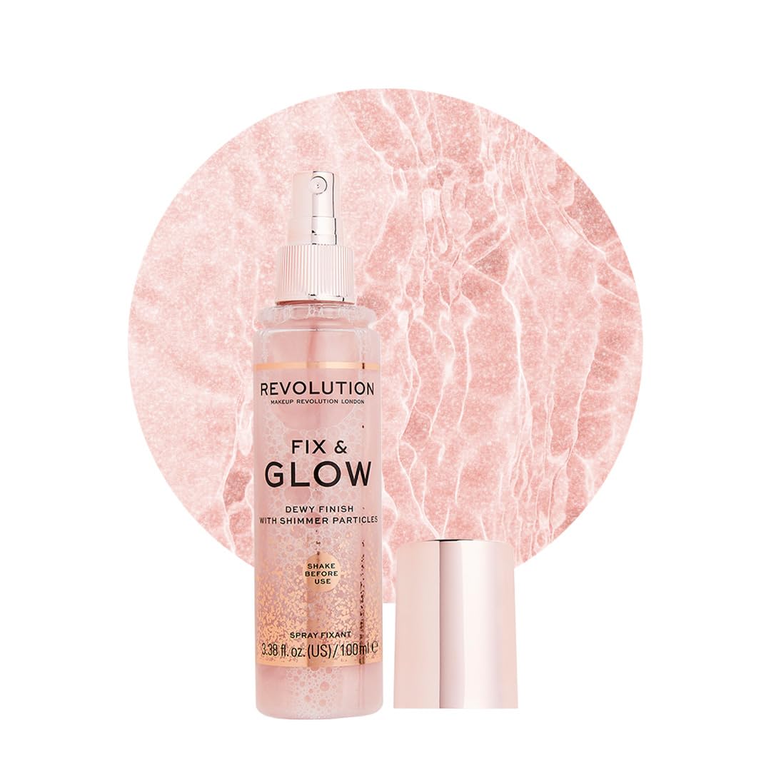 Makeup Revolution Fix & Glow Fixing Spray – Hydrating & Illuminating Face Mist with Shimmer, Vegan & Cruelty-Free, 3.38 fl oz