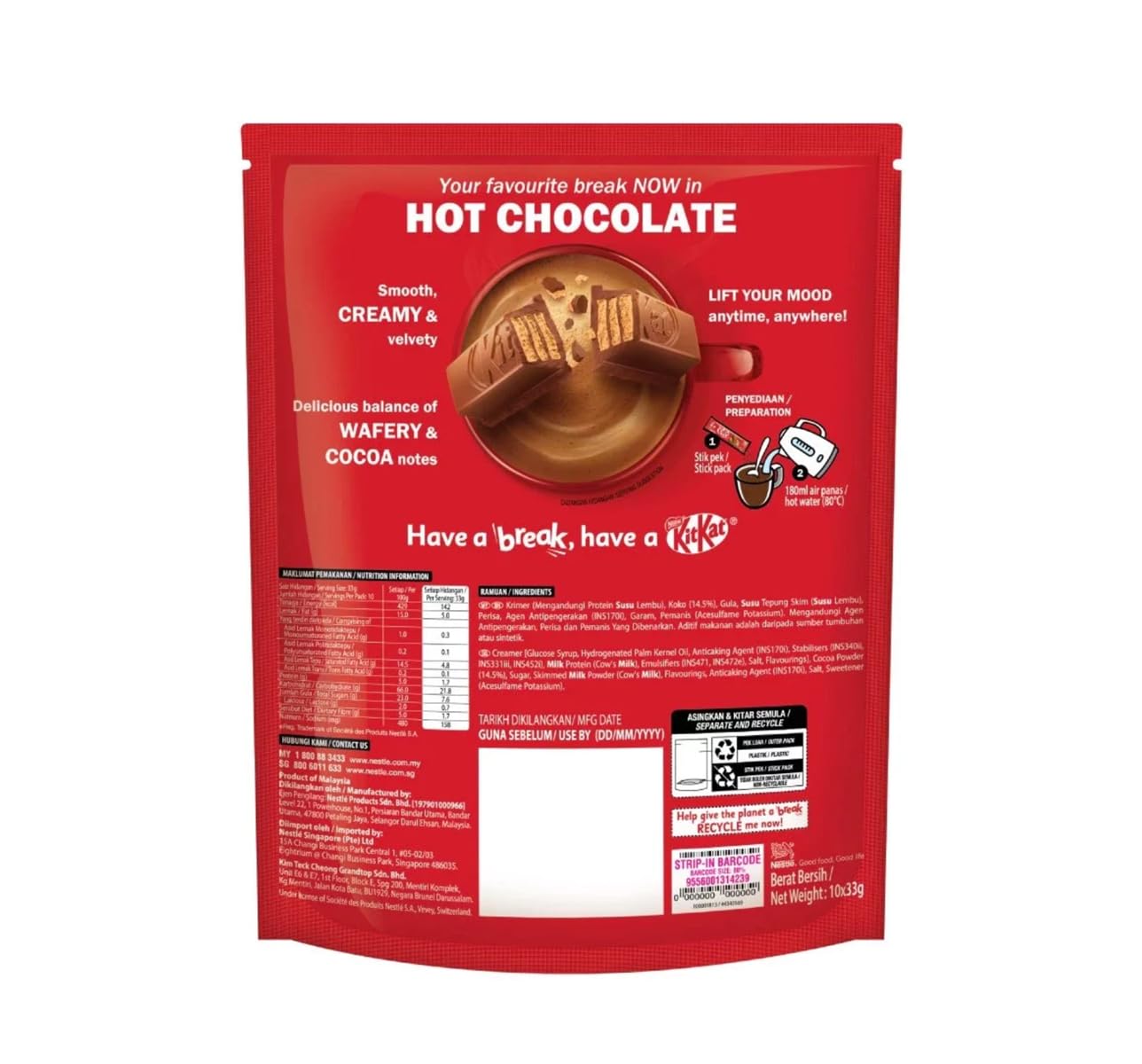 Nestlé KitKat Hot Chocolate Drink – Creamy Beverage with Signature KitKat Taste | 10 Sticks x 33g (Imported)