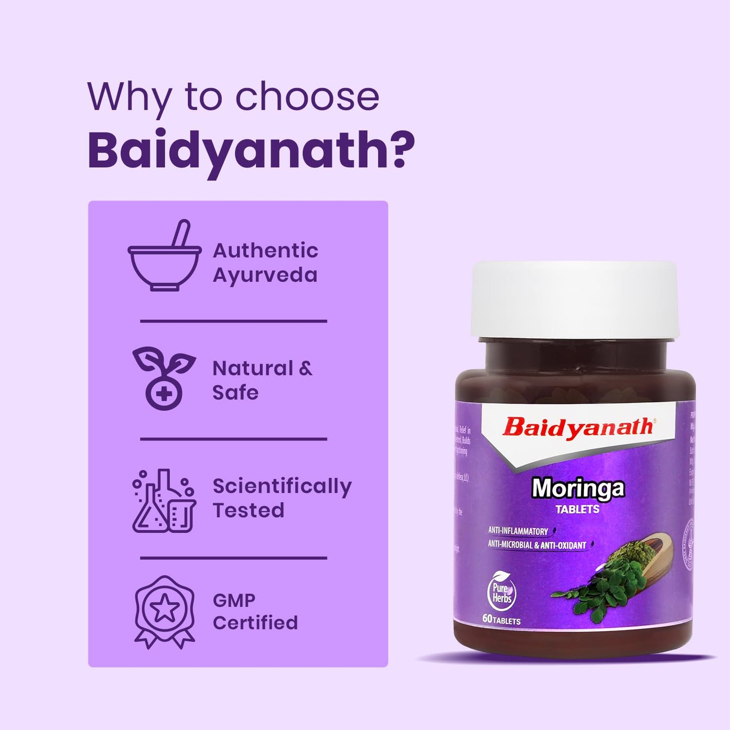 Baidyanath Moringa Tablets 60 Tabs (Pack of 1) –Drumstick Leaf Tablets| Helpful in Overall Health and Wellness and Gut Balance