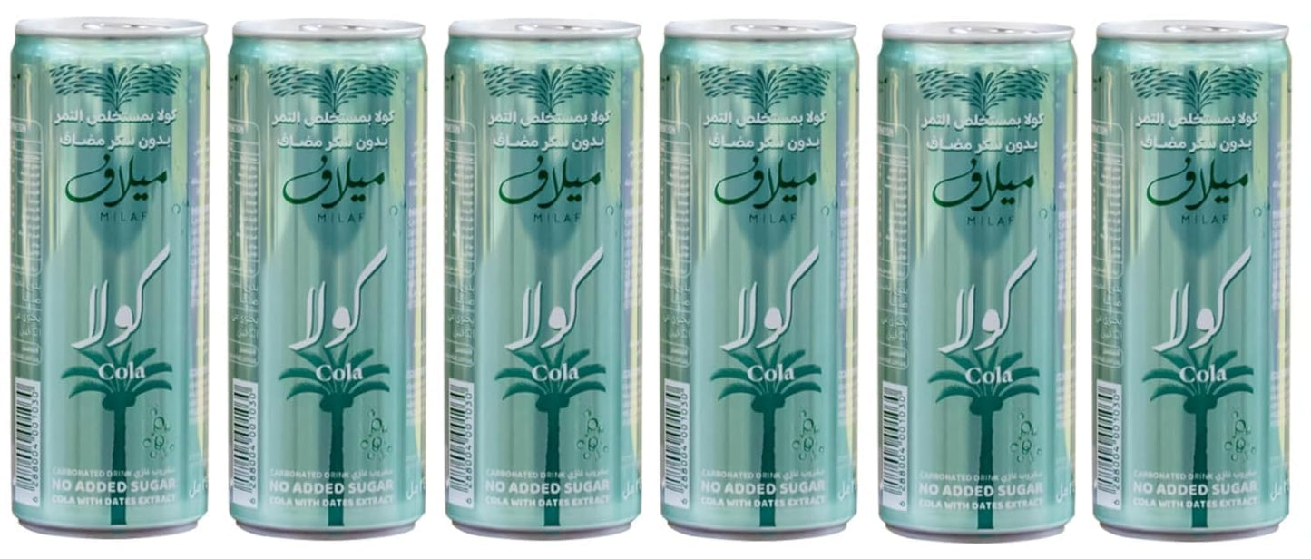 Milaf Colas – Carbonated Soft Drink with Natural Date Extract | No Added Sugar | 250ml Can (Pack of 6, Imported)