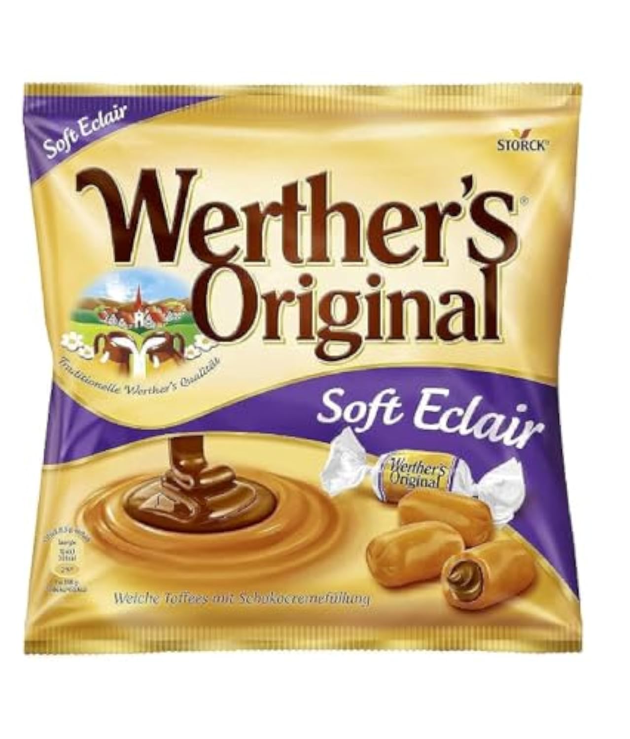 Werther’s Original Soft Éclairs | Chocolate Filled Soft Caramel Toffees | 100g Pack (Imported, Vegetarian)