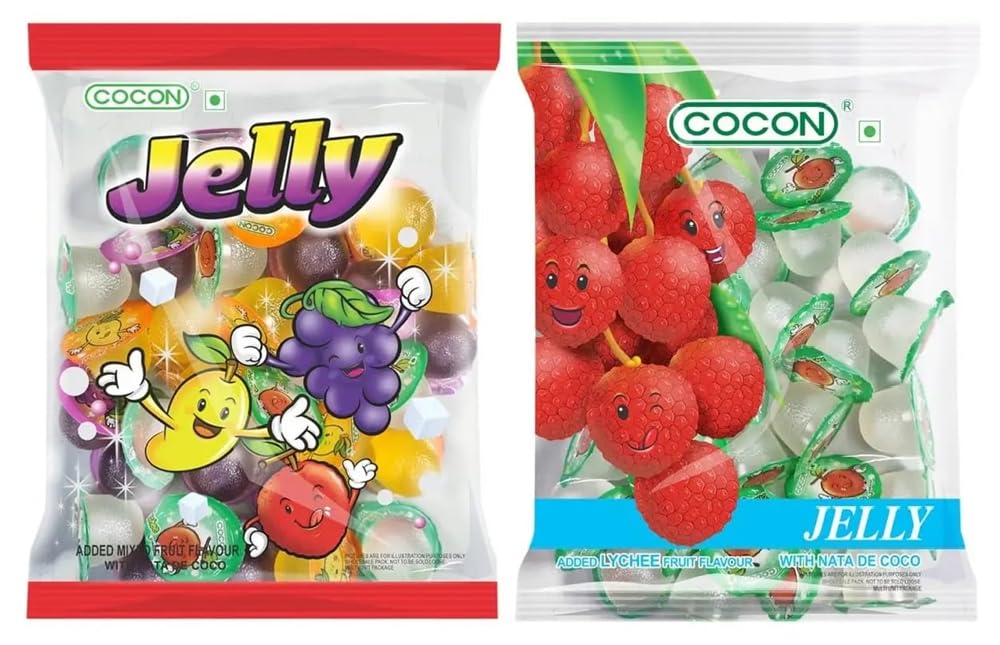 Cocon Jelly Fruit Snacks | Assorted & Lychee Flavours with Nata de Coco | Juicy & Chewy Mini Jelly Cups | Pack of 2 x 300g (Imported, Vegetarian)