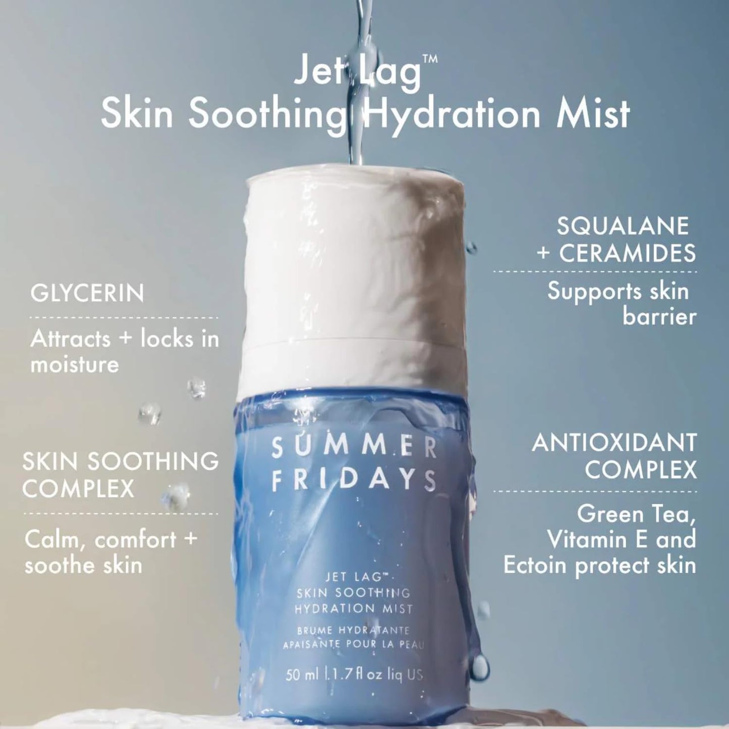 Summer Fridays Jet Lag Hydrating Face Mist – Ultra-Fine Soothing Spray with Antioxidants, Ceramides & Squalane for Barrier Support & Glowing Skin – 1.7 fl oz
