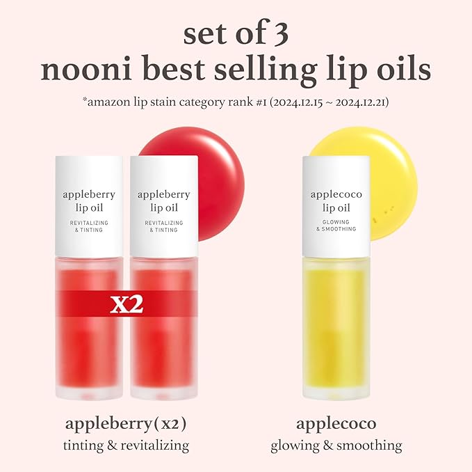 NOONI Korean Lip Oil Gift Set – Hydrating Tinted Lip Oil Trio with Appleberry & Applecoco | Vegan Lip Care for Plump, Smooth & Long-Lasting Moisture (0.12 Fl Oz x 3)