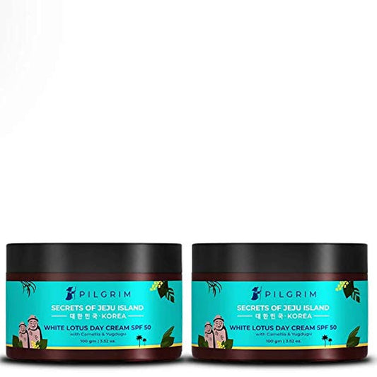 Pilgrim Korean Day Cream SPF 50 | Skin Brightening & Anti-Pigmentation Face Cream Pack of 2 | Hydrating, Anti-Aging & Sunscreen Protection (100g + 100g)