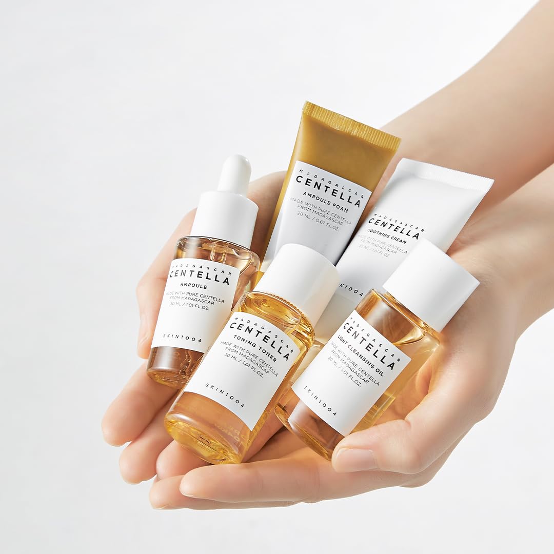 SKIN1004 Madagascar Centella Travel Kit – 5-Piece Mini Skincare Set with Toner, Ampoule, Soothing Cream, Cleansing Oil & Foam – Compact Trial Gift Box