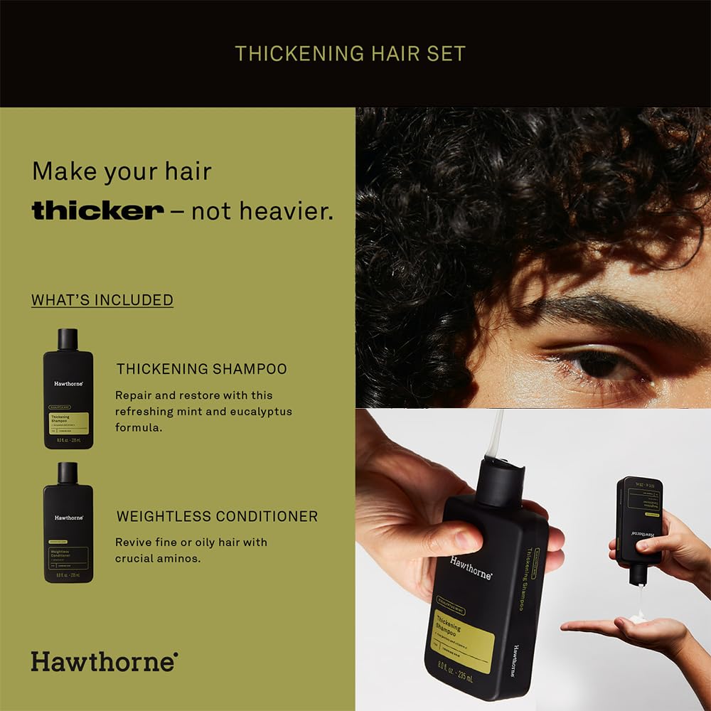 Hawthorne Men’s Thickening Shampoo & Conditioner Set – Natural Volumizing Formula with Vitamin B5 & Rice Protein – Sulfate & Paraben Free, 8 fl oz Each