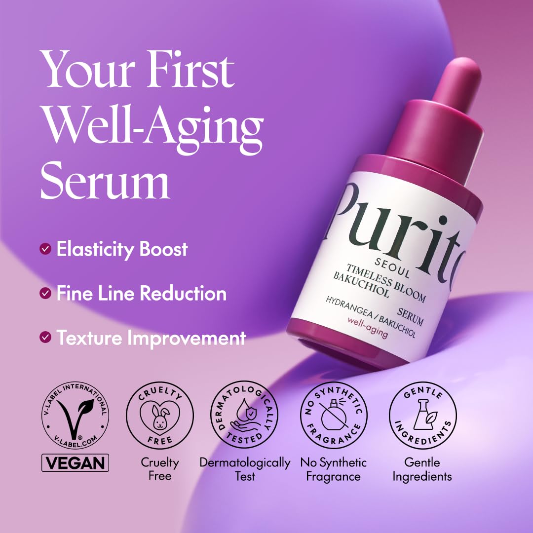 PURITO Seoul Timeless Bloom Bakuchiol Serum | Anti-Aging, Fine Line & Wrinkle Care | Korean Hydrangea, Sensitive Skin-Friendly, 30ml