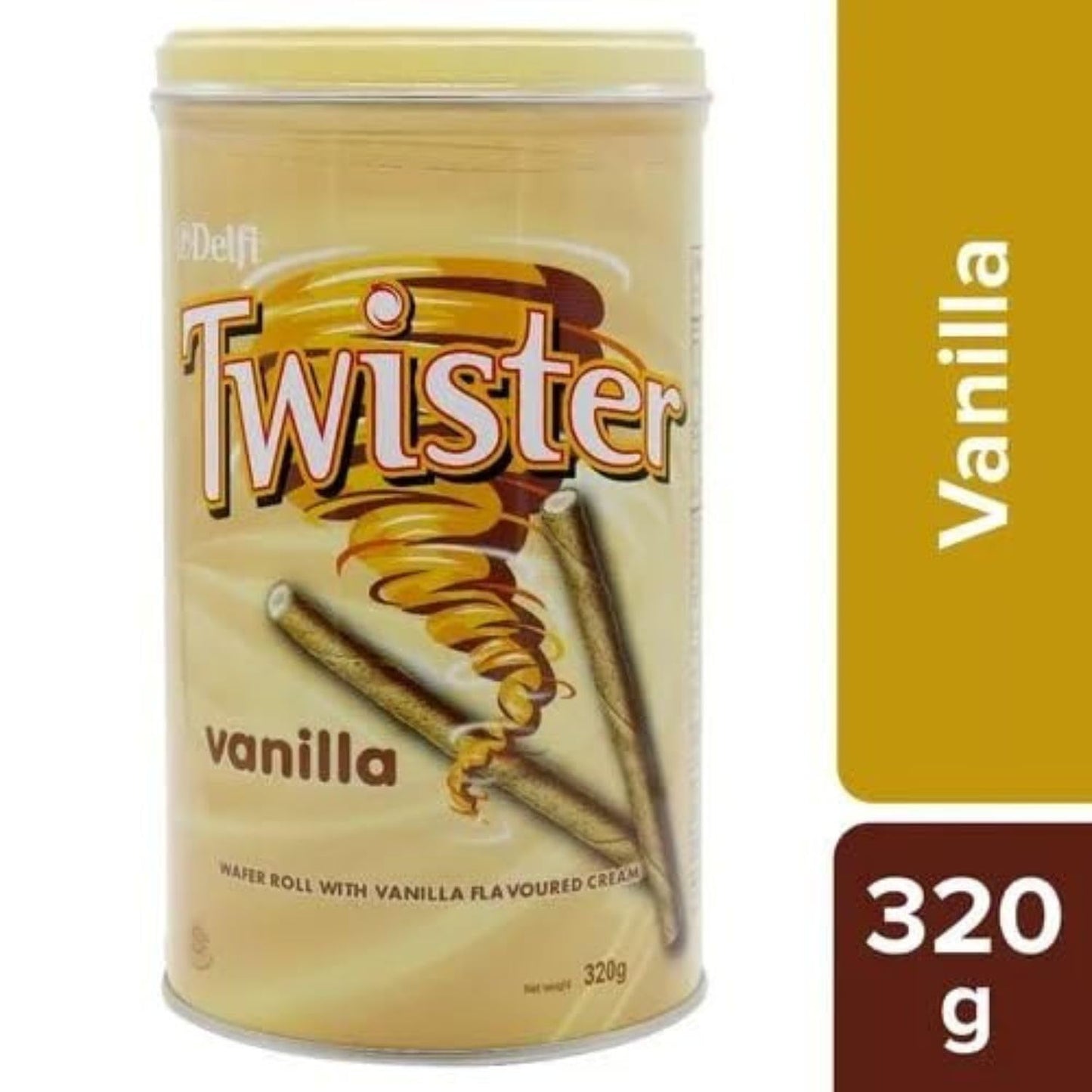 Delfi Twister Wafer Rolls – Vanilla Cream Filled Crunchy Biscuits 320g Tin (Imported from Malaysia)