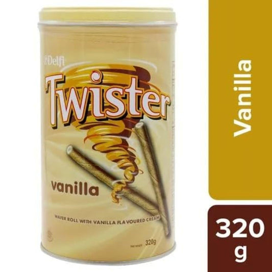 Delfi Twister Wafer Rolls – Vanilla Cream Filled Crunchy Biscuits 320g Tin (Imported from Malaysia)