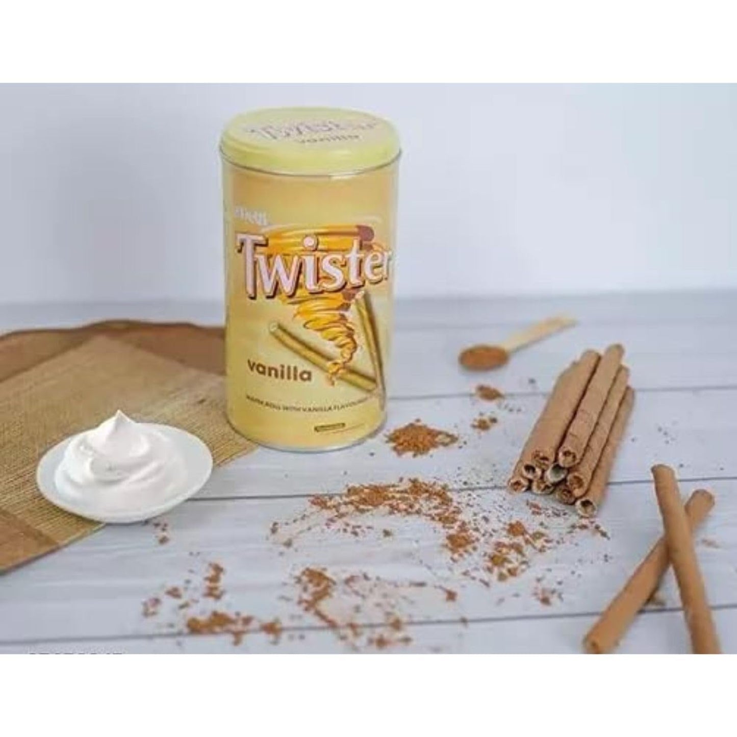 Delfi Twister Wafer Rolls – Vanilla Cream Filled Crunchy Biscuits 320g Tin (Imported from Malaysia)