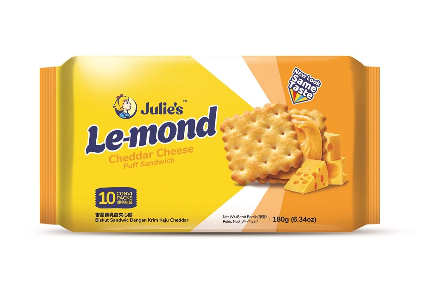 Julie's Le-mond Cheddar Cheese Puff Sandwich Biscuits | Crispy Crackers with Creamy Cheese Filling | 10 Sachets, 180g Family Pack (Imported, Vegetarian)
