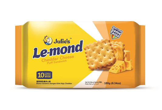 Julie's Le-mond Cheddar Cheese Puff Sandwich Biscuits | Crispy Crackers with Creamy Cheese Filling | 10 Sachets, 180g Family Pack (Imported, Vegetarian)